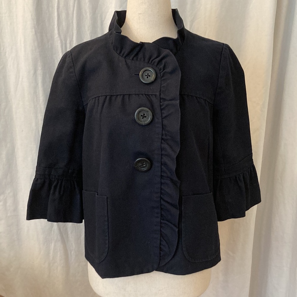 Y2K J Crew Navy collarless cropped blazer, ruffle detail, 3/4 sleeve, size 2